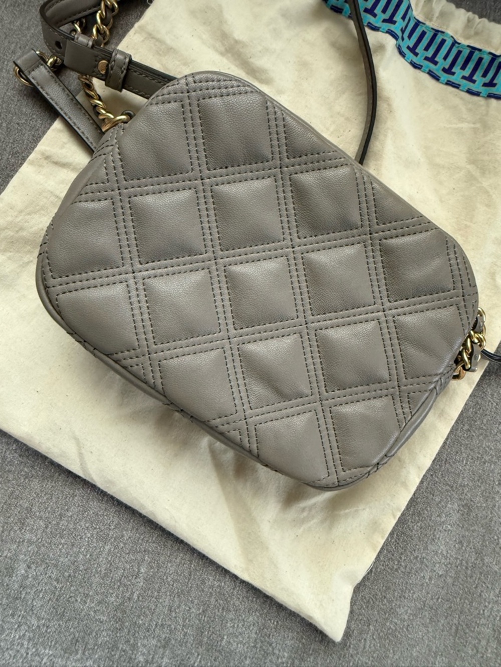 Gray Quilted Leather Crossbody Bag with Chain Strap - Picture 8 of 10